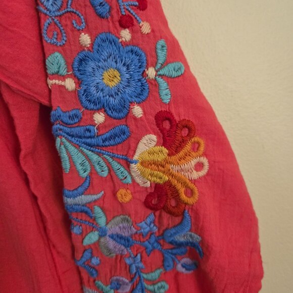 Johnny Was Deep Coral Embroidered V-neck 3/4 Sleeve Tunic Top Size S - Picture 6 of 9